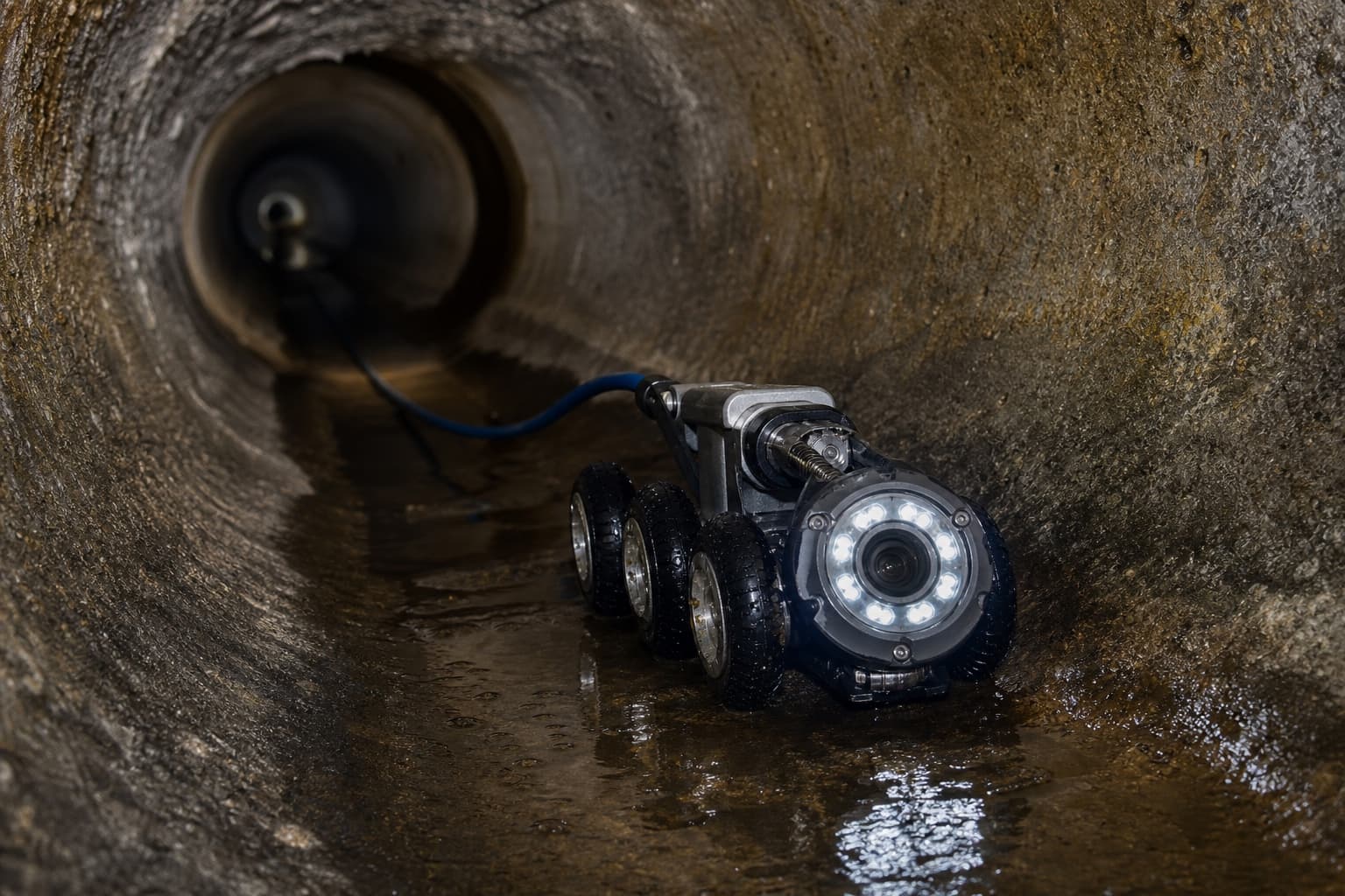 Sewer camera inspection crawler inside a pipe