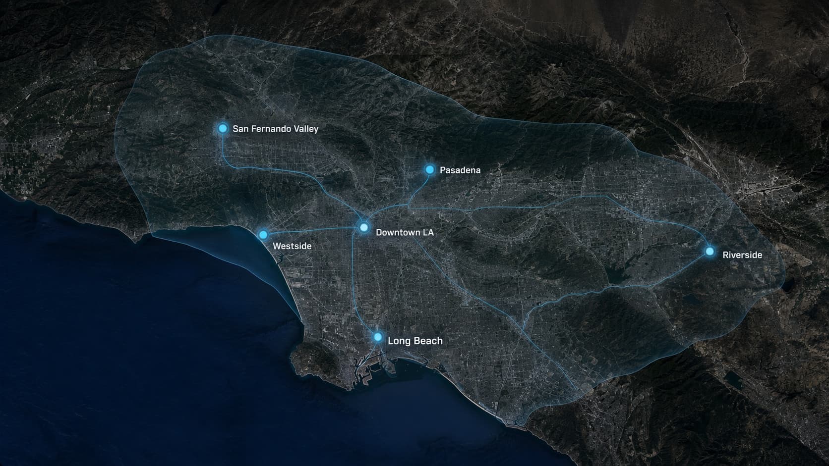 Satellite-style Southern California service area graphic with glowing route lines