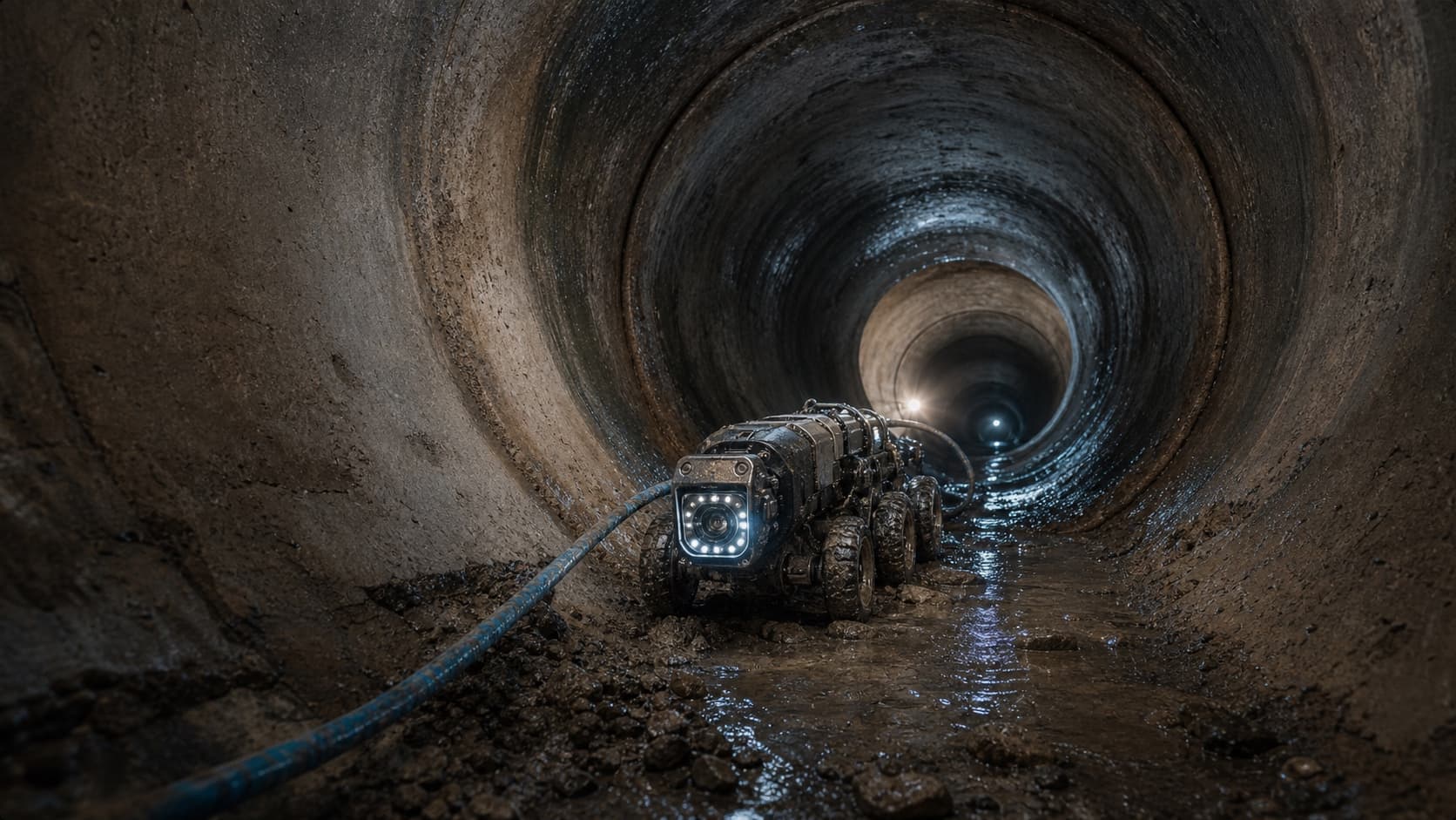 Underground trenchless pipe inspection equipment inside a mainline tunnel