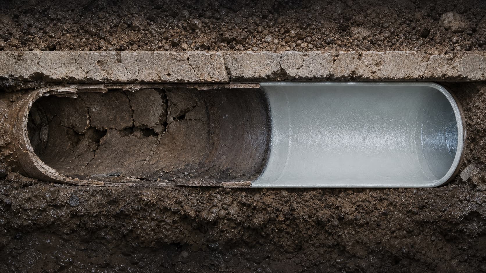 Damaged pipe transitioning into a rehabilitated trenchless liner interior